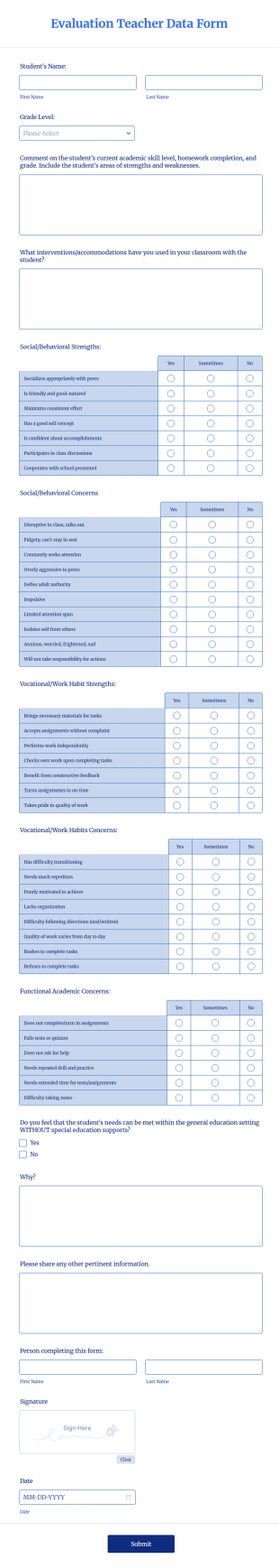 Evaluation Teacher Data Form Template