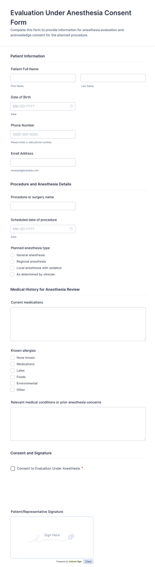 Evaluation Under Anesthesia Consent Form Template