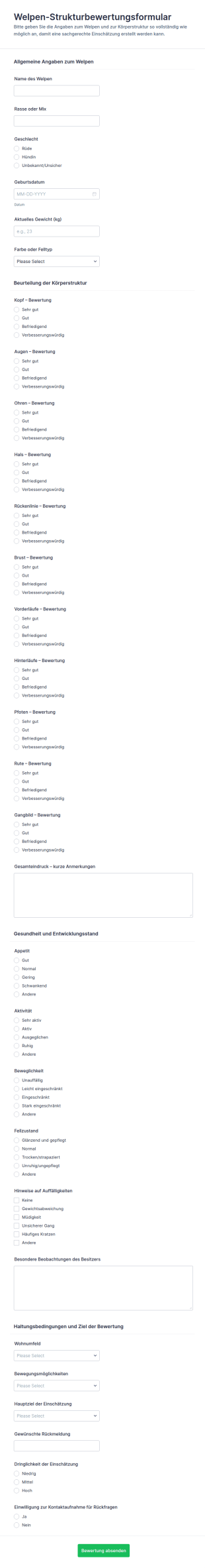 Evaluierungsformular Für Welpenstruktur