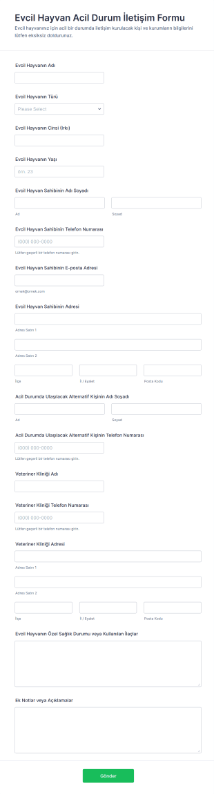 Evcil Hayvan Acil Durum İletişim Form Şablonu