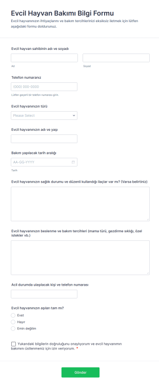 Evcil Hayvan Bakımı Bilgi Form Şablonu