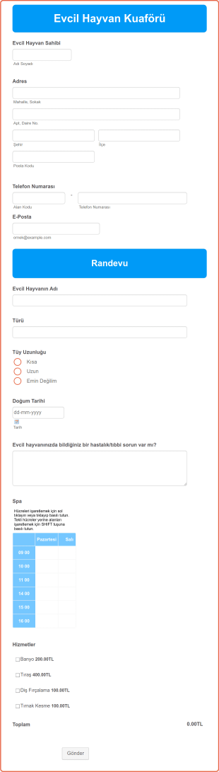 Evcil Hayvan Kuaförü Kayıt Form Template