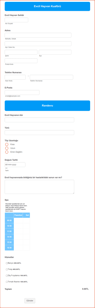 Evcil Hayvan Kuaförü Kayıt Form Şablonu
