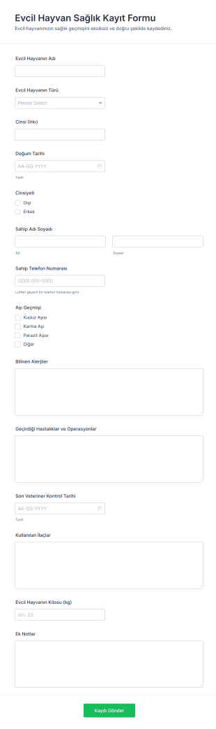 Evcil Hayvan Sağlık Kayıt Form Şablonu