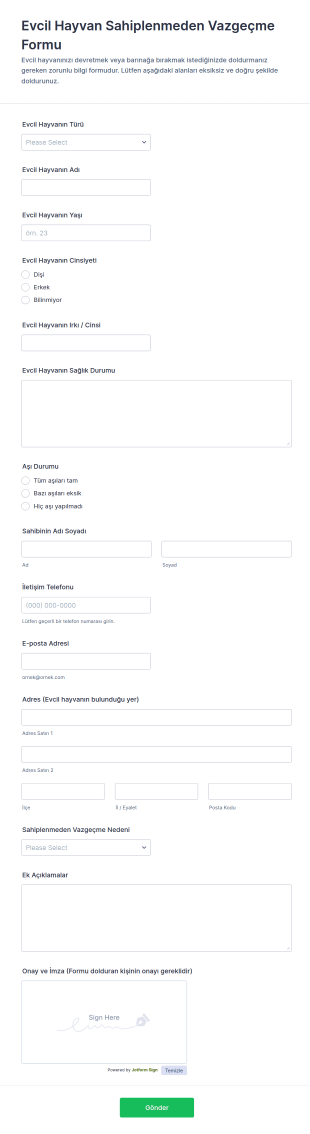 Evcil Hayvan Sahiplenmeden Vazgeçme Form Şablonu