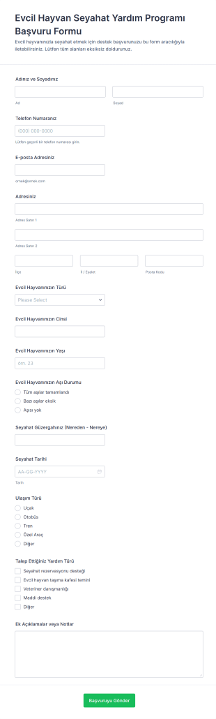 Evcil Hayvan Seyahat Yardım Programı Başvuru Form Şablonu