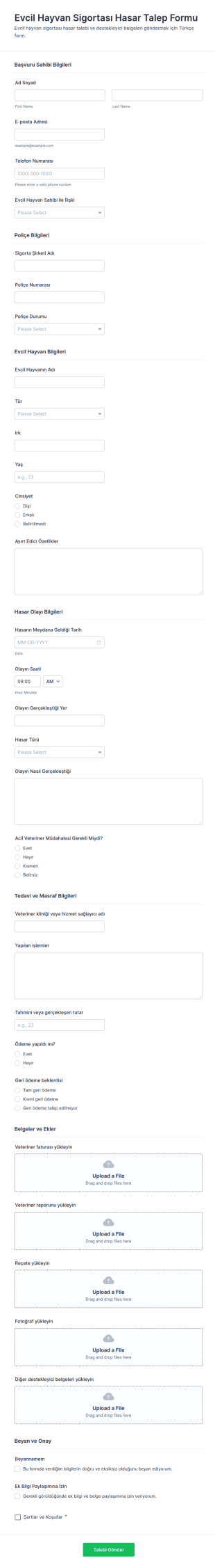 Evcil Hayvan Sigorta Talep Form Şablonu