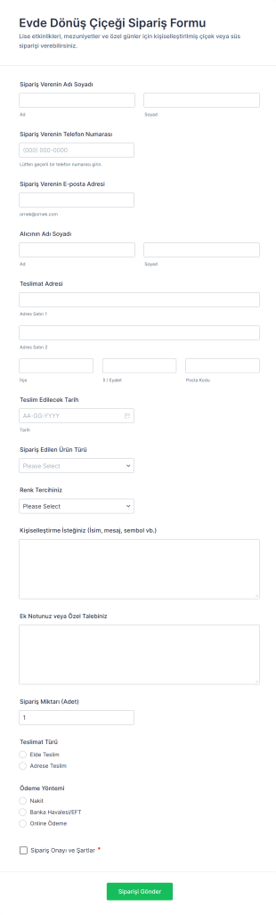 Evde Dönüş Çiçeği Sipariş Form Şablonu