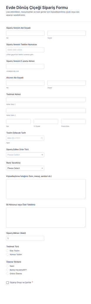 Evde Dönüş Çiçeği Sipariş Form Şablonu