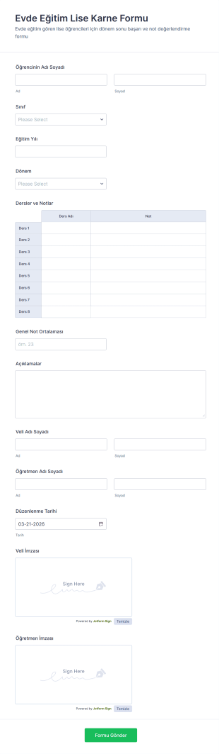 Evde Eğitim Lise Karne Form Şablonu