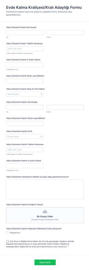 Evde Kalma Kraliçesi/Kralı Adaylığı Form Template