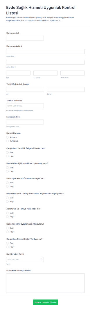 Evde Sağlık Hizmeti Uygunluk Kontrol Listesi Form Şablonu