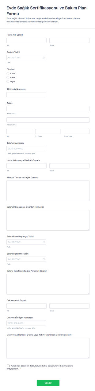 Evde Sağlık Sertifikasyonu Ve Bakım Planı Form Şablonu