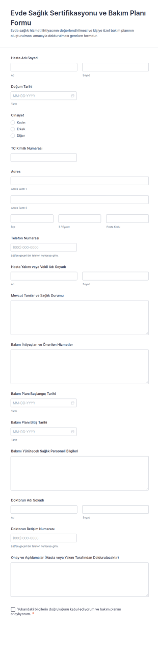 Evde Sağlık Sertifikasyonu Ve Bakım Planı Form Şablonu