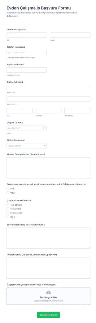 Evden Çalışma İş Başvuru Form Şablonu