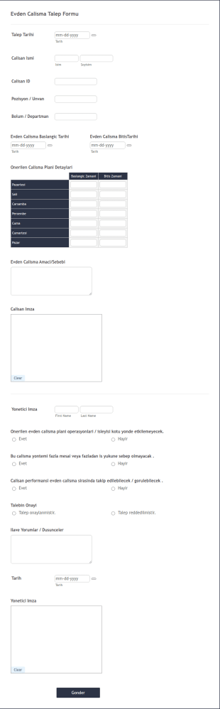 Evden Calisma Talep Form Şablonu