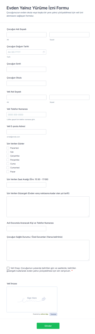 Evden Yalnız Yürüme İzni Form Şablonu