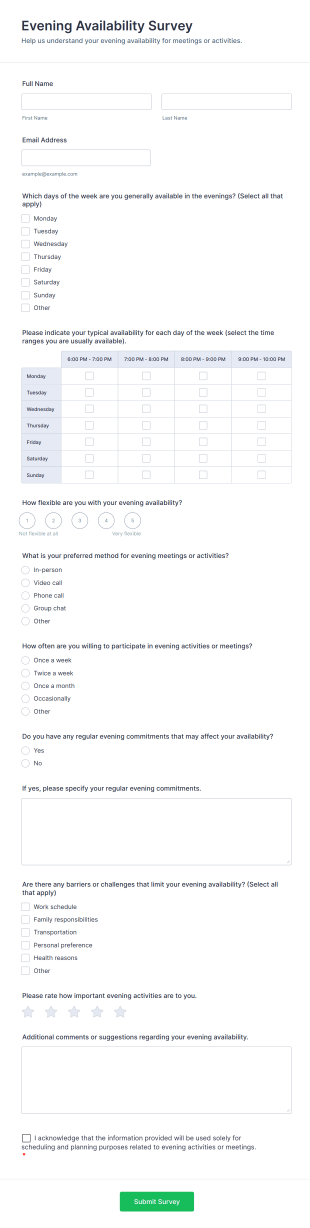 Evening Availability Survey Form Template
