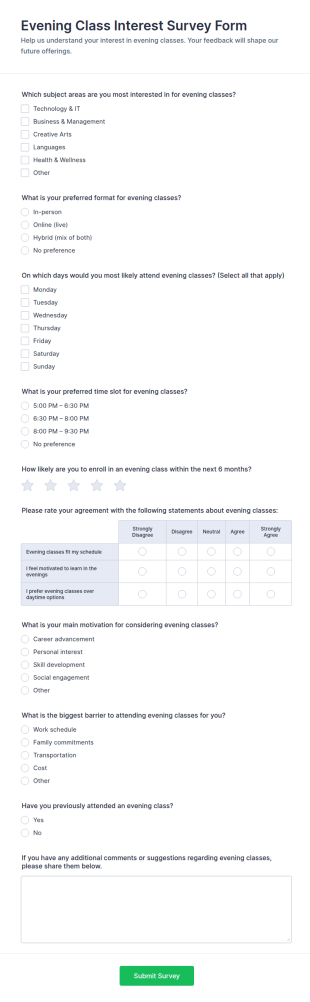 Evening Class Interest Survey Form Template