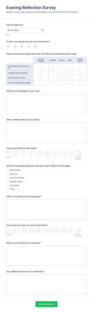 Evening Reflection Survey Form Template