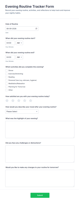 Evening Routine Tracker Form Template