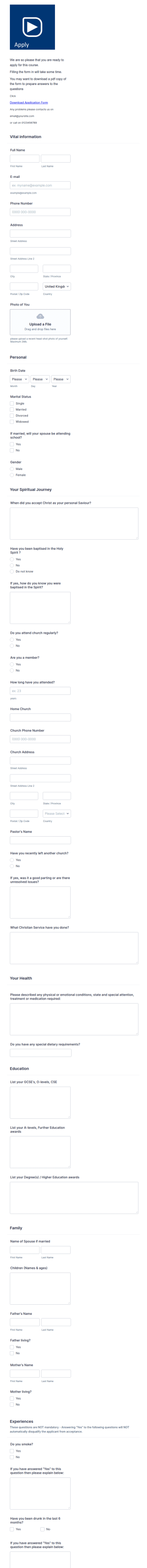 Evening School Application Form Template