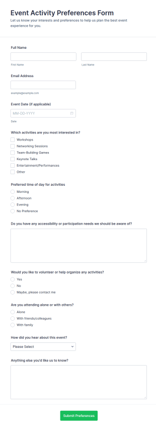 Event Activity Preferences Form Template