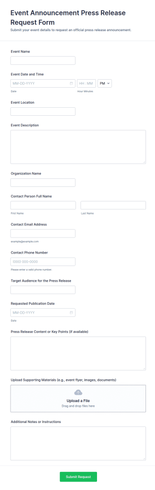 Event Announcement Press Release Request Form Template