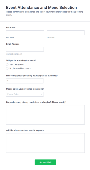 Event Attendance And Menu Selection Form Template