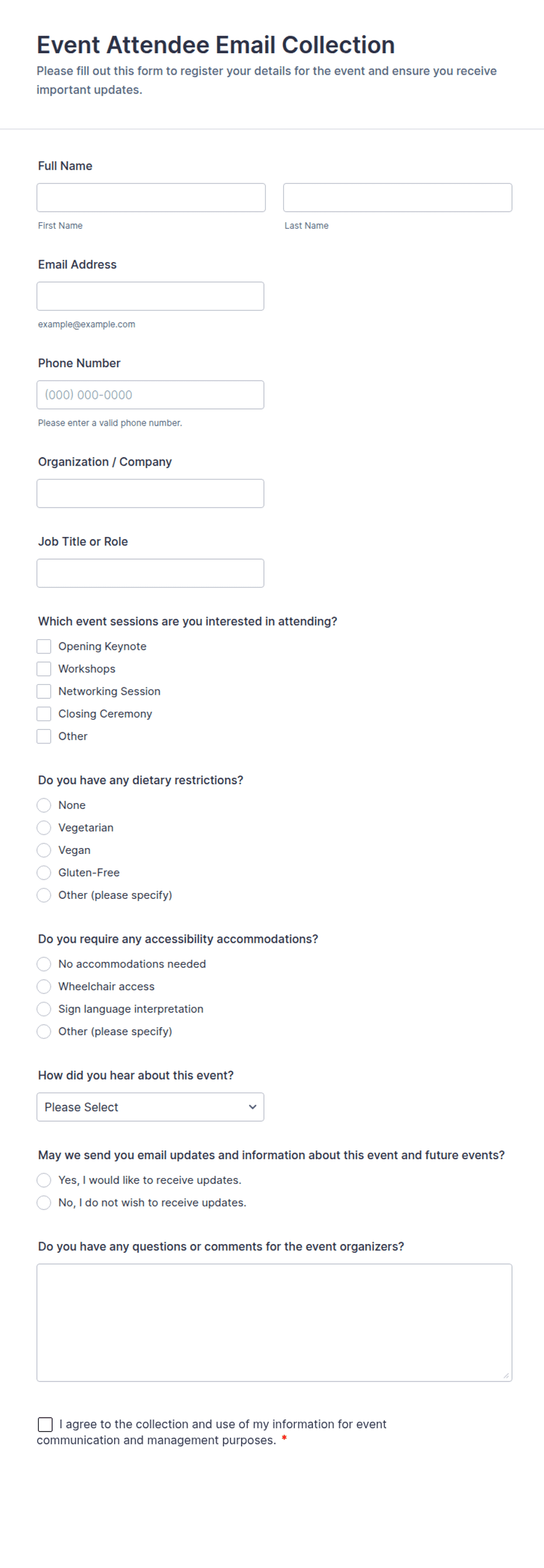 Sample Email Collection Form Event Attendee Email Collection Form Template | Jotform