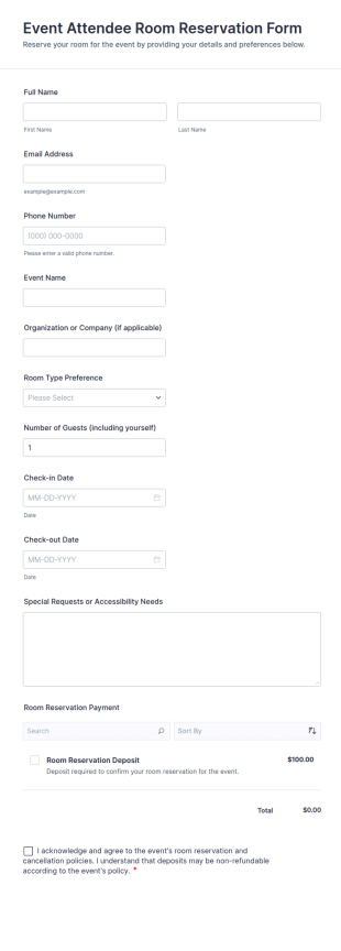 Event Attendee Room Reservation Form Template