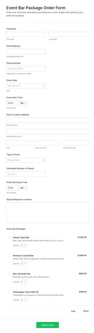 Event Bar Package Order Form Template