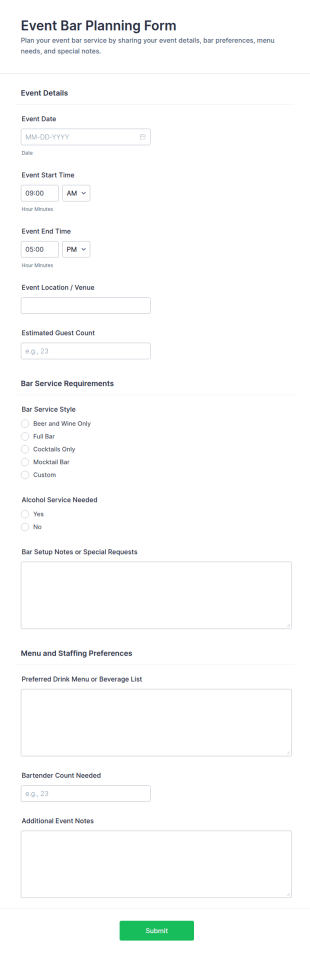 Event Bar Planning Form Template