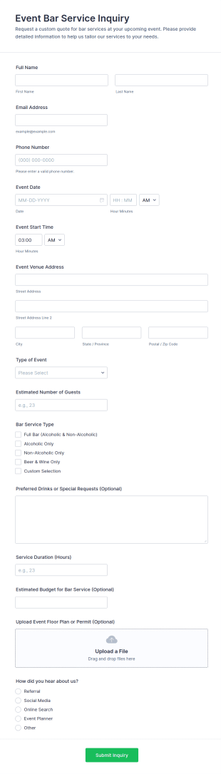 Event Bar Service Inquiry Form Template