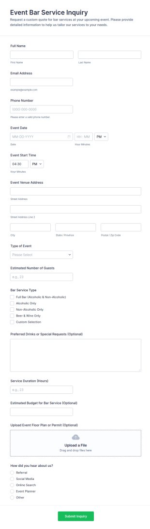 Event Bar Service Inquiry Form Template