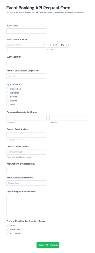 Event Booking API Request Form Template