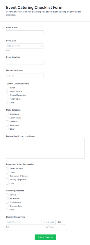 Event Catering Checklist Form Template