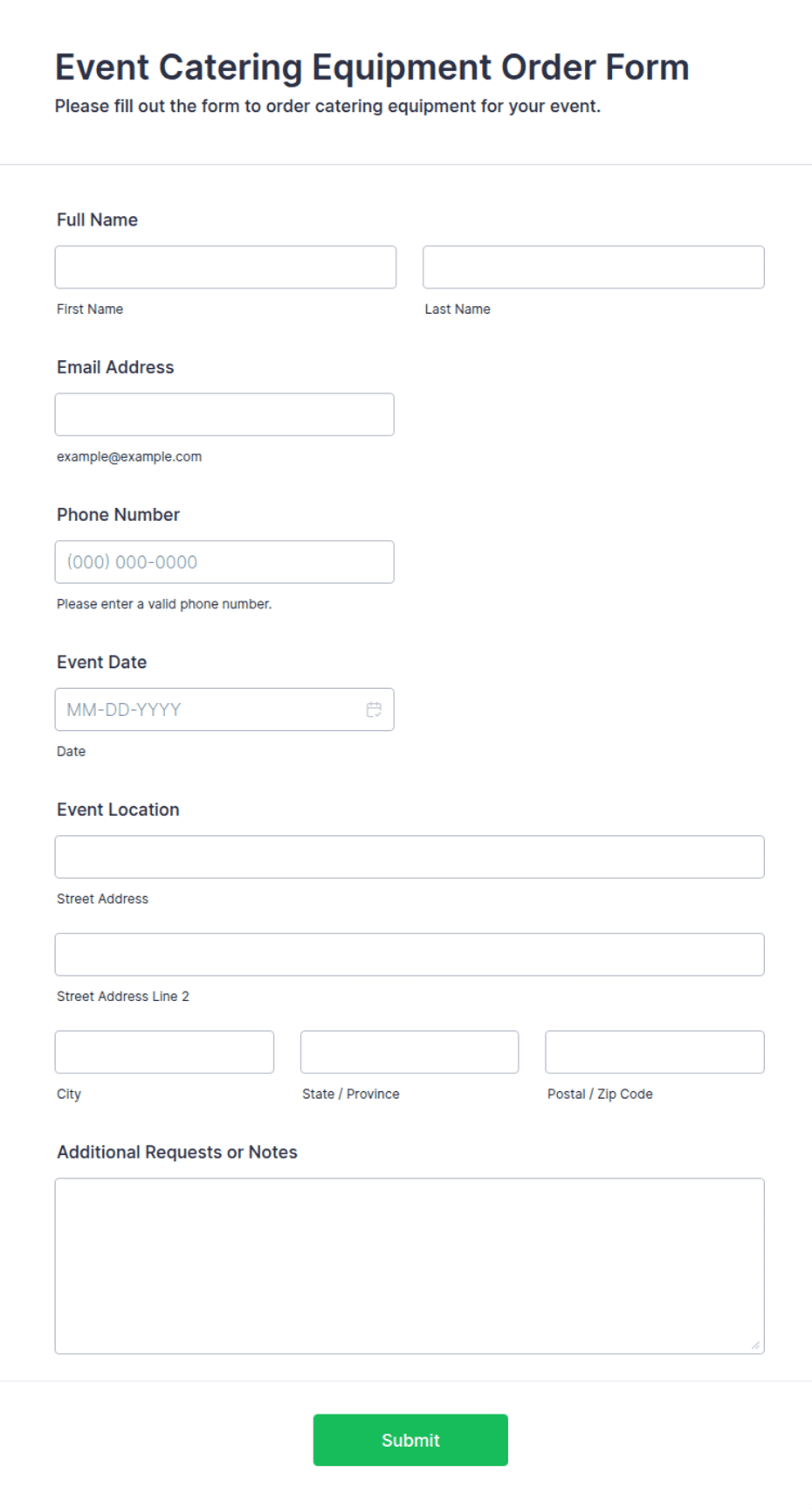 Event Catering Equipment Order Form Template | Jotform