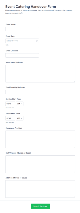 Event Catering Handover Form Template
