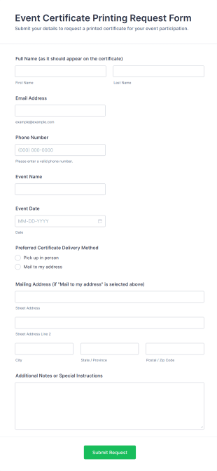 Event Certificate Printing Request Form Template