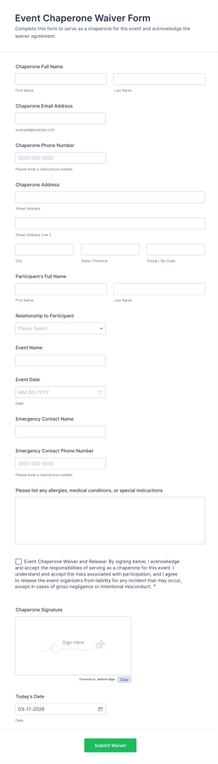Event Chaperone Waiver Form Template