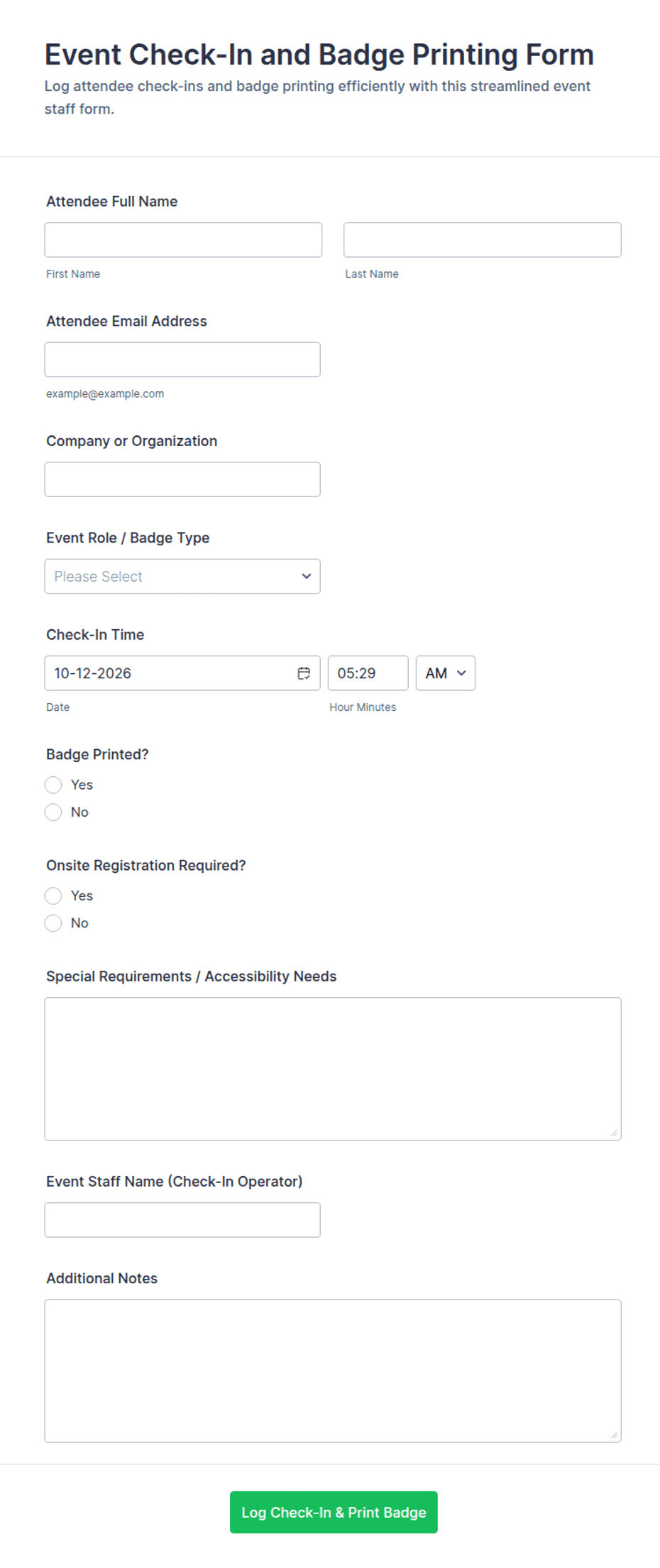 Event Check-In and Badge Printing Log Form Template | Jotform