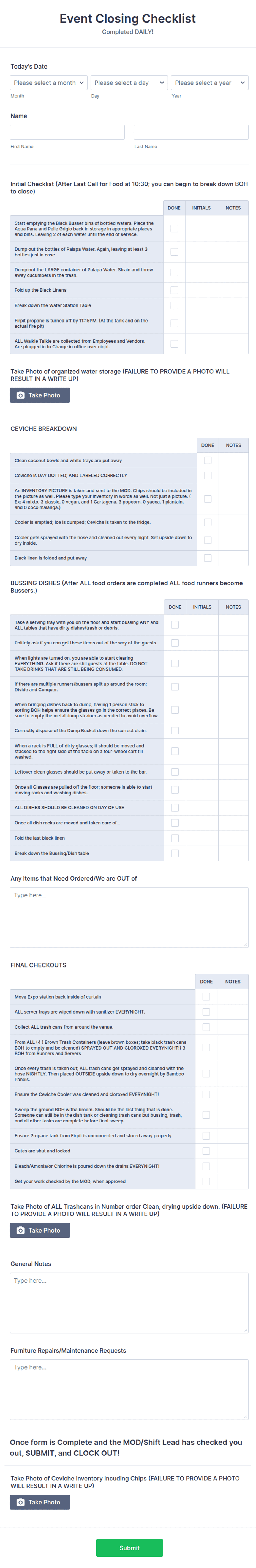 Event Closing Checklist Form Template | Jotform