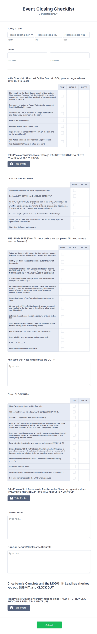 Event Closing Checklist Form Template