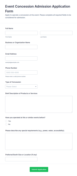 Event Concession Admission Application Form Template