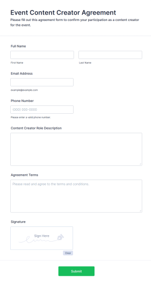 Event Content Creator Agreement Form Template