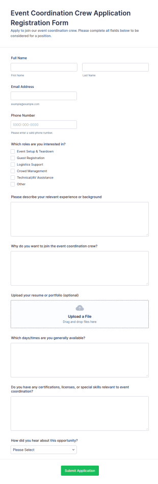 Event Coordination Crew Application Form Template