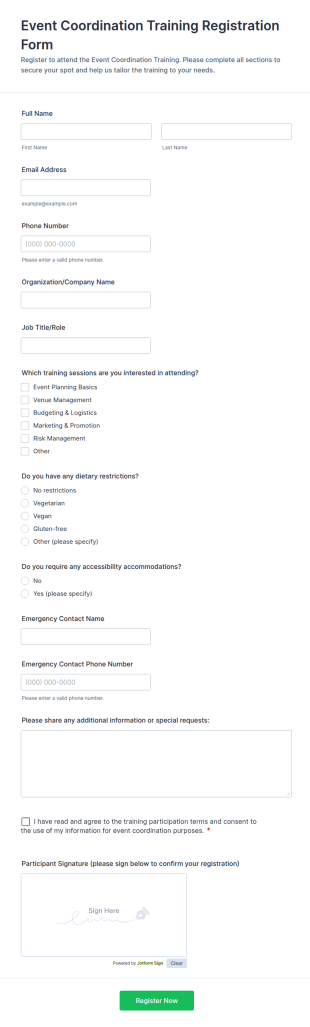 Event Coordination Training Registration Form Template