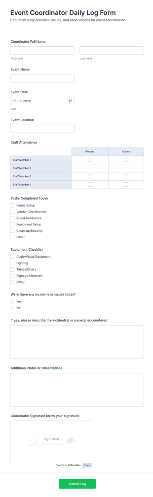 Event Coordinator Daily Log Form Template
