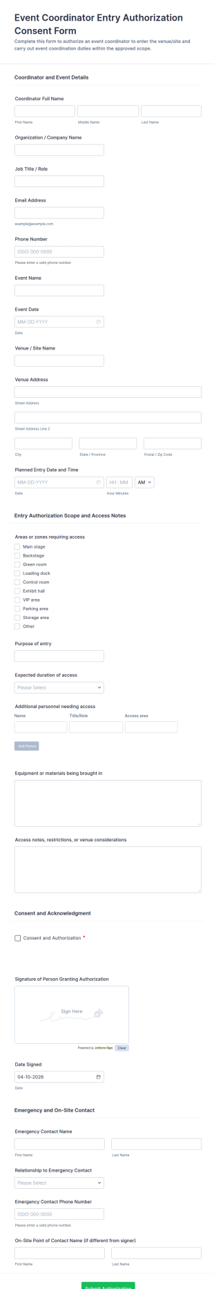 Event Coordinator Entry Authorization Form Template